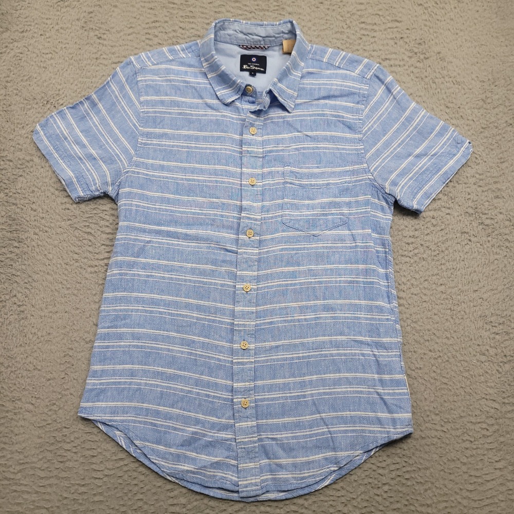 Ben Sherman Mens S Button Down Shirt Short Sleeve Blue Stripe Linen‎ Blend